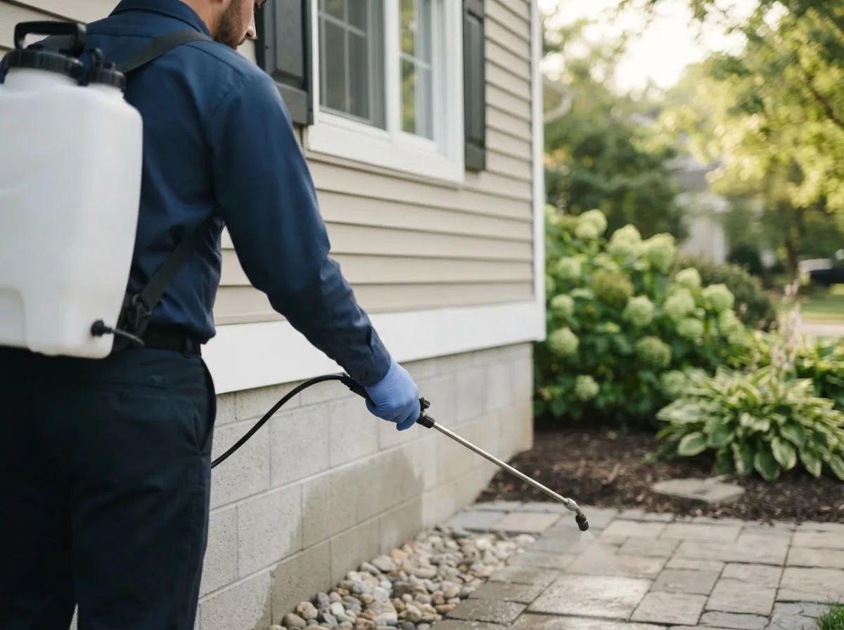 Pest control technician inspecting a home in Alta, IA